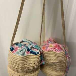Straw Bucket Crossbody Bag with Floral Drawstring - Pink & Teal